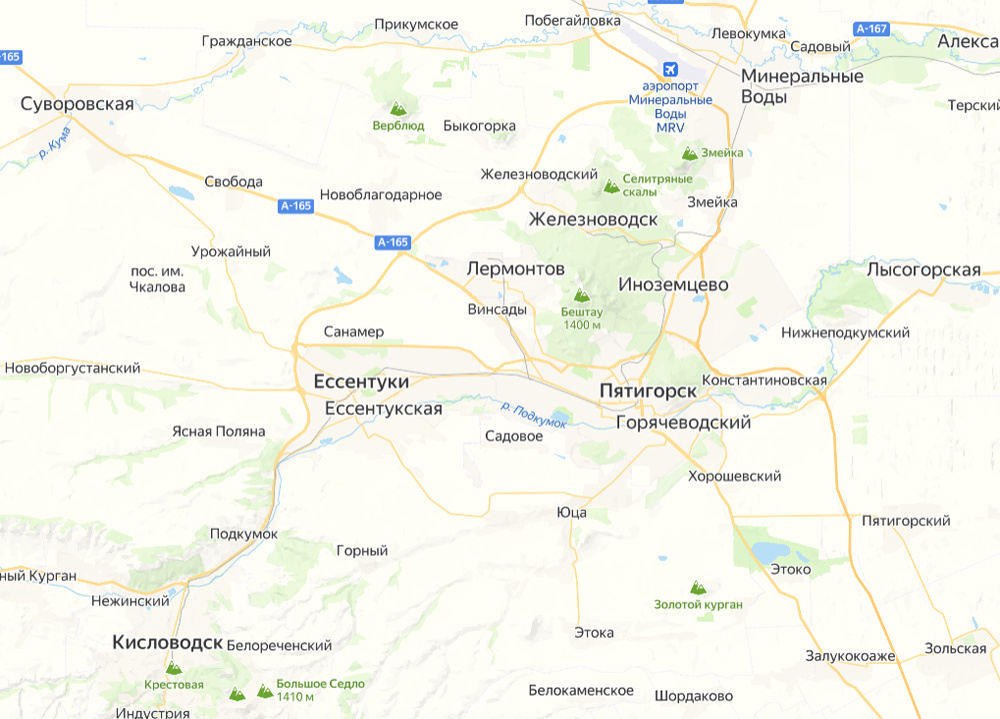 Города-курорты Кавказских Минеральных Вод (КМВ): Минеральный Воды, Железноводск, Пятигорск, Ессентуки, Кисловодск и Георгиевск (восточнее Минеральных Вод). Яндекс.Карты.