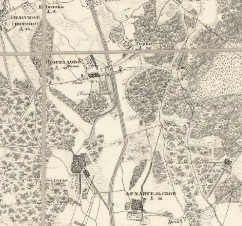 Село Виноградово на карте окрестностей Москвы 1850 года. С сайта www.pastvu.com.