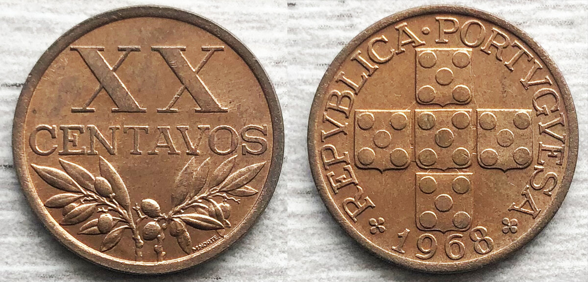 Португалия 20 сентаво 1968. Фото автора.