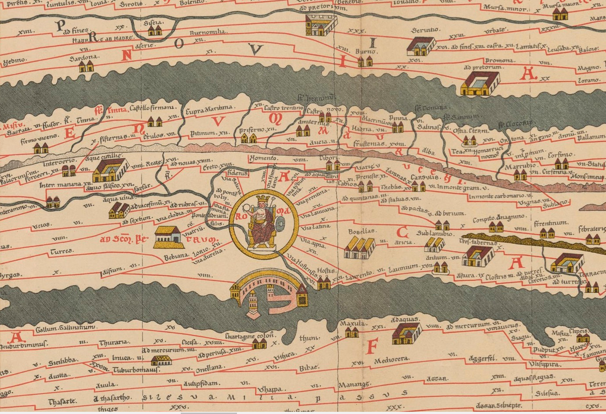 Фрагмент Пёйтингеровой таблицы (скрижали) - схемы путей римского мира. До 13 века.