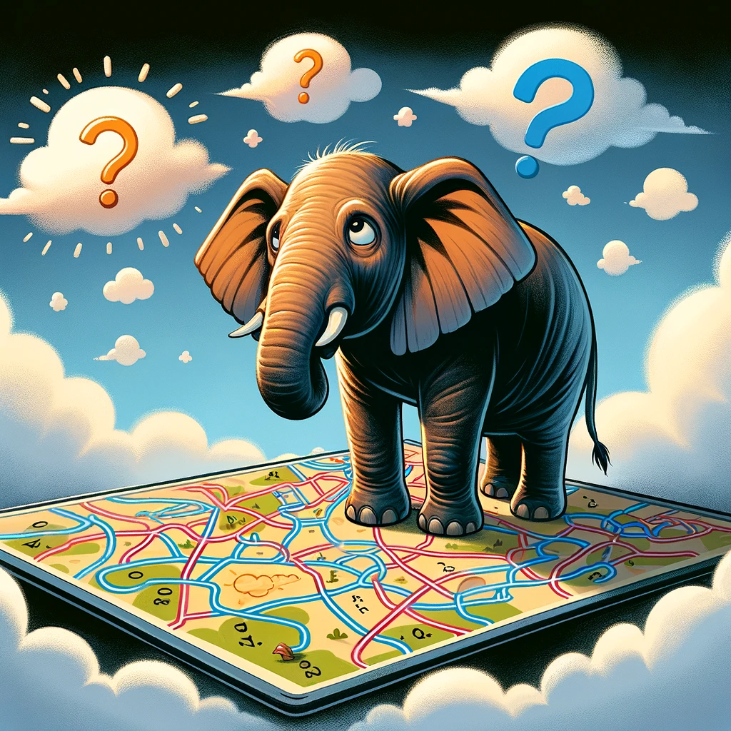 Иллюстрация показывает слона, визуализирующего сложный маршрут или карту территории, что демонстрирует его способность запоминать обширные пространства и важные местоположения.*