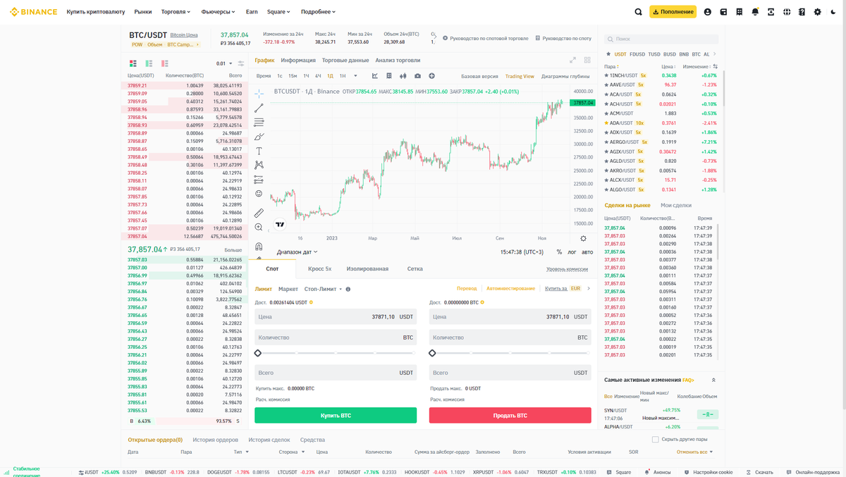 Торговый интерфейс Binance
