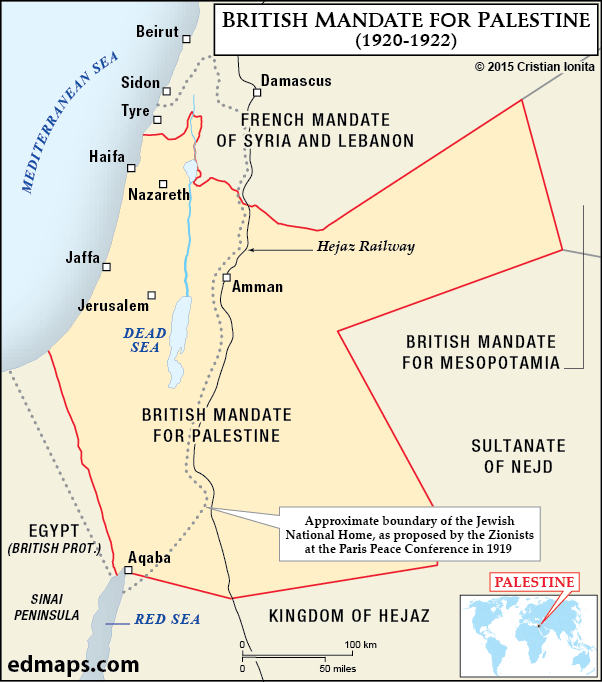 Границы британского мандата на Палестину. Пунктиром обозначены границы преполагаемой еврейской автономии(мирная конференция в Париже, январь1919 - январь1920). 