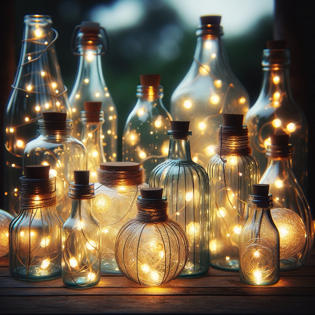 Художественная композиция с несколькими бутылками-фонариками.