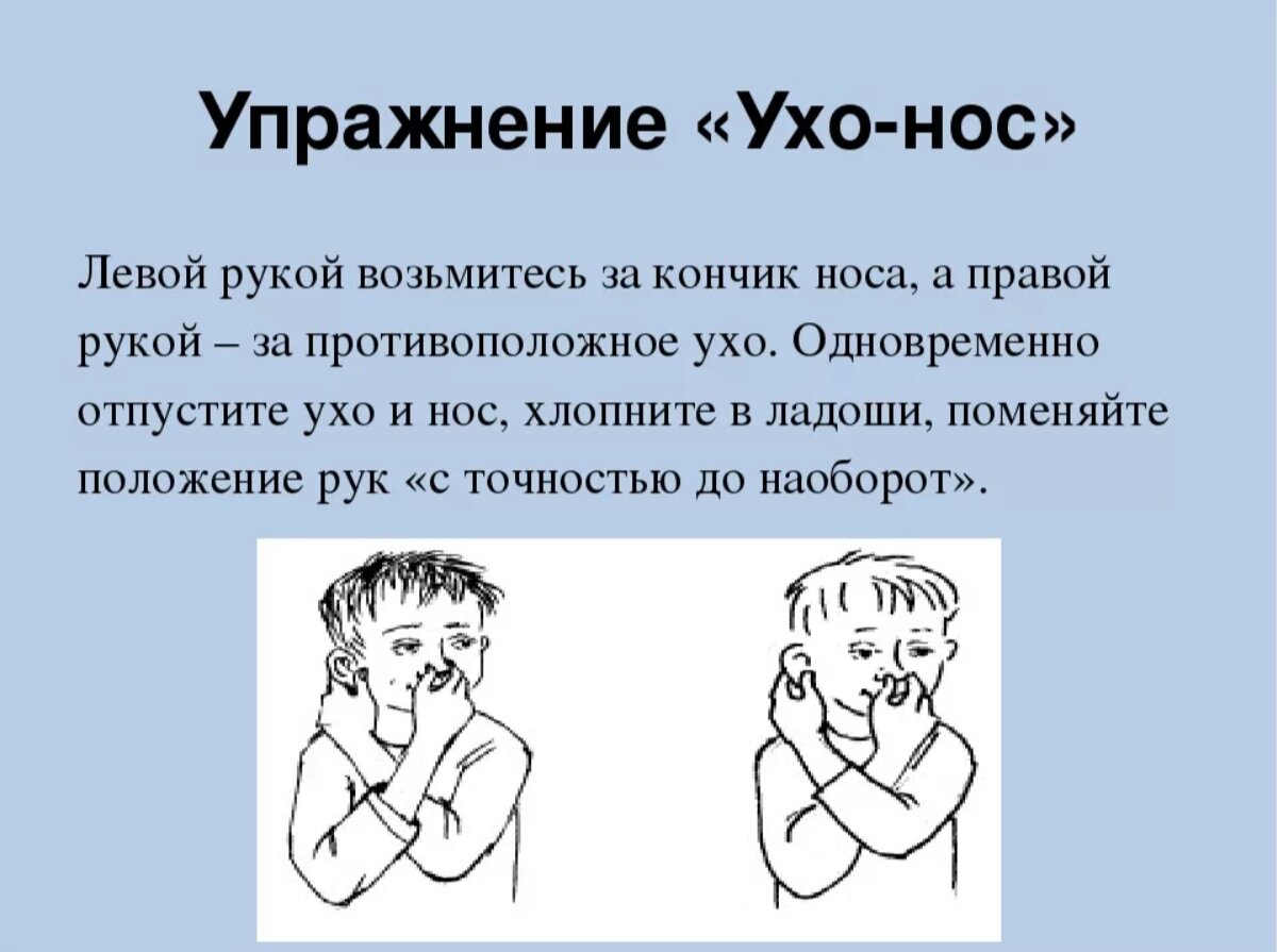 Упражнения для развития полушарий мозга. Ухо-нос кинезиологическое упражнение. Упражнения для развития мозга для детей. Упражнения для развития полушарий мозга для детей.