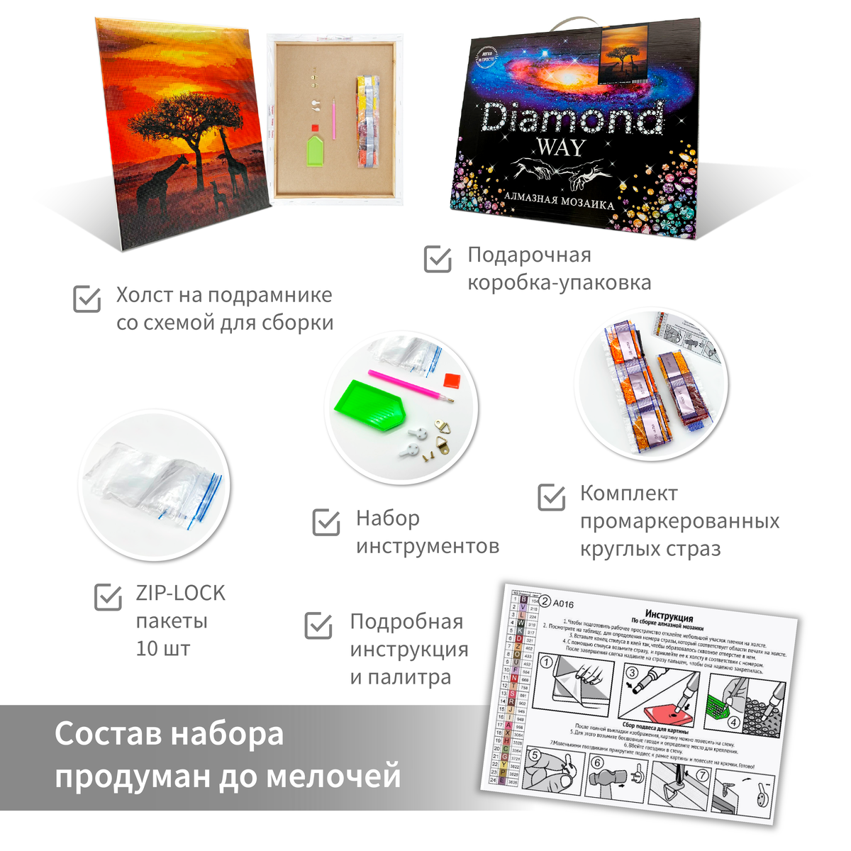 Состав набора алмазной мозаики от Diamond Way