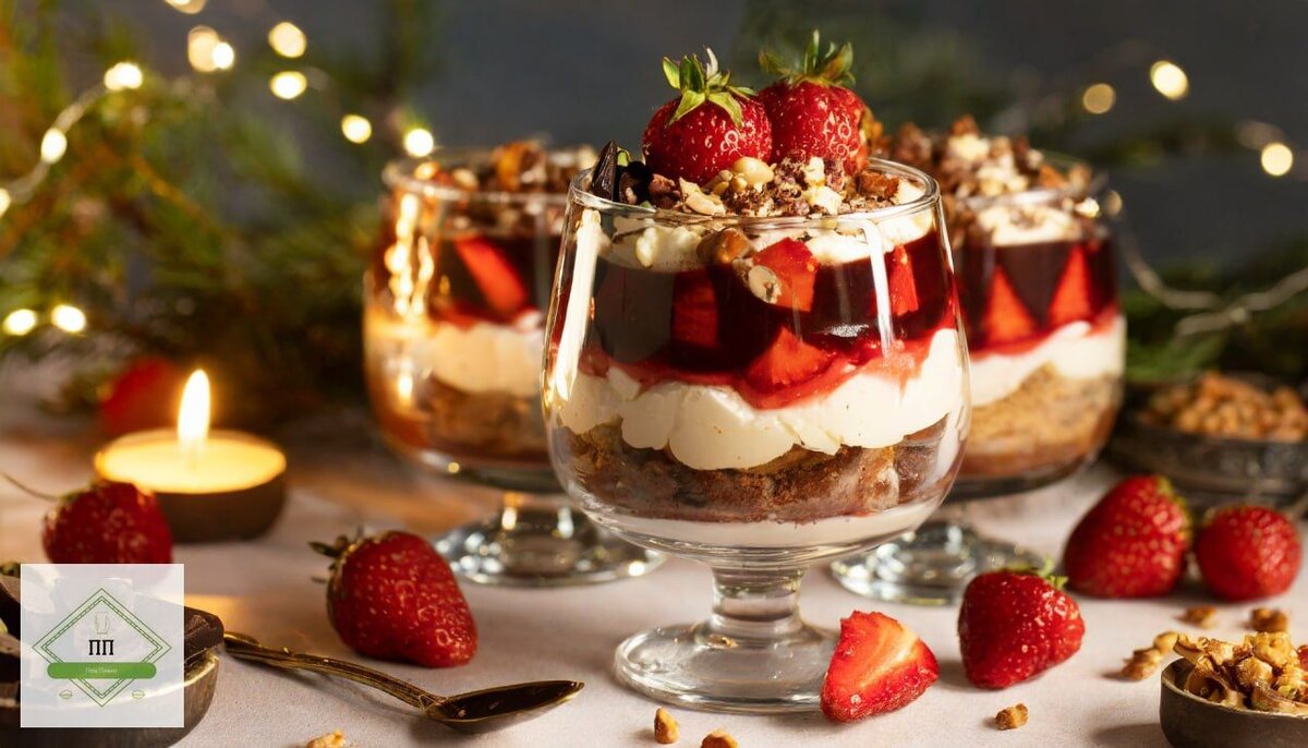 воздушный трайфл с ягодами, ягодным соусом под шоколадно-ореховой крошкой