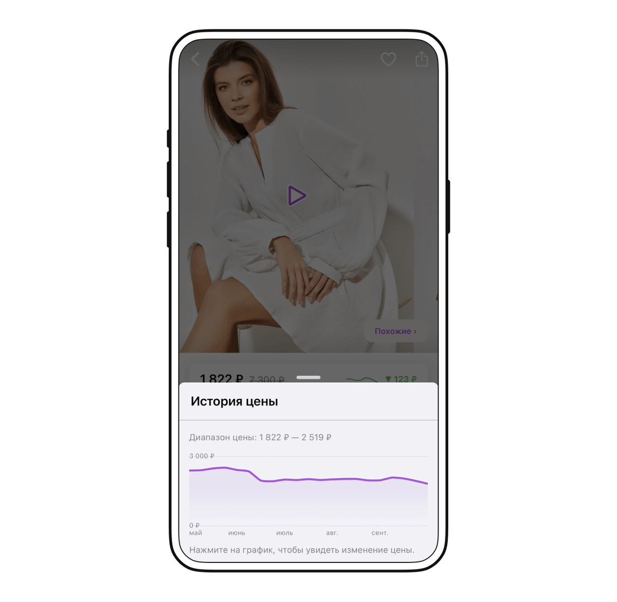 Цена на товар за несколько последних месяцев колебалась в диапазоне от 1822 до 2519 ₽, значит, средняя цена будет 2170,5 ₽. История цены отображается только в мобильном приложении Wildberries, в веб-версии маркетплейса этого нет