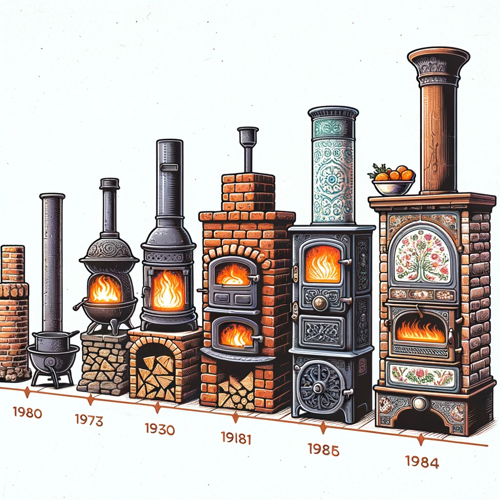 Вот иллюстрация, показывающая эволюцию дровяных печей из кирпича на протяжении истории. На изображении представлены разные этапы: от простейшего древнего огнища, средневековой кирпичной печи, печи Ренессанса с художественными элементами, 19-вековой кафельной печи до современной эффективной кирпичной печи. Эта иллюстрация визуально дополняет рассказ о том, как развивались дровяные печи на протяжении веков.
