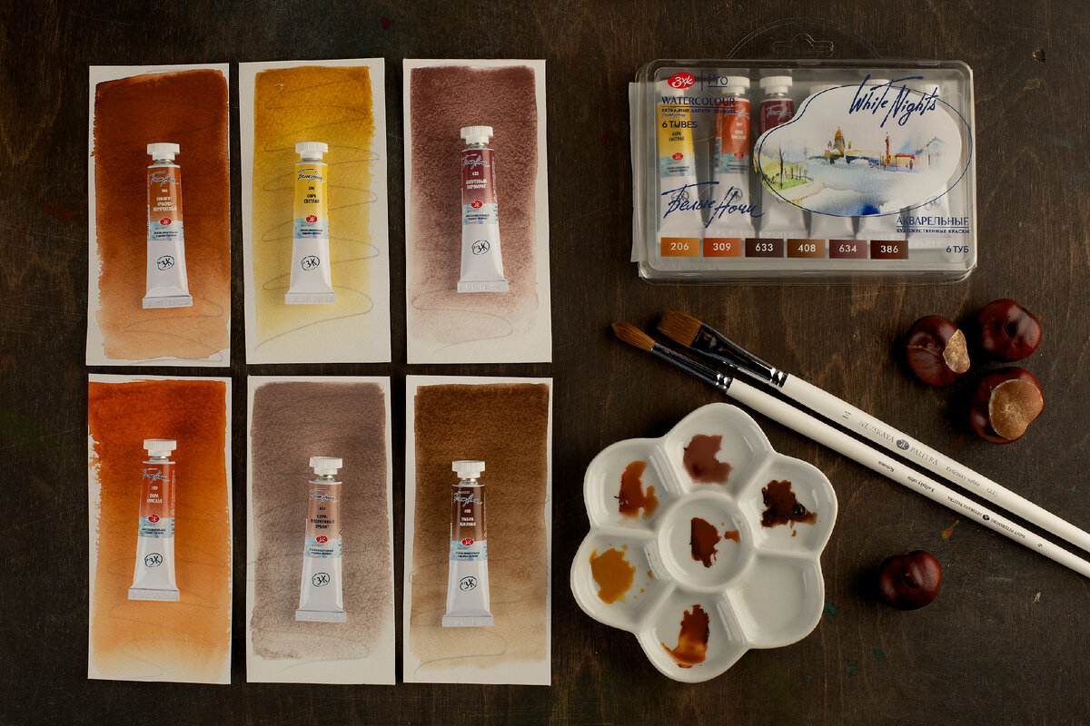 Выкраска набора акварельных красок «Белые ночи» Натуральные земли 6 цветов.