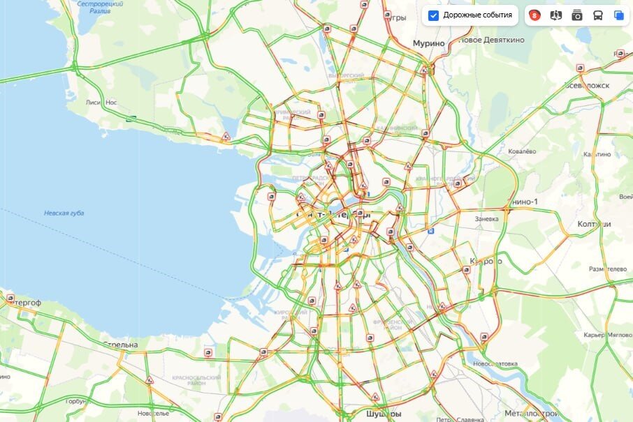    Дорожная обстановка в Петербурге вечером 1 декабря 2023 года. Автор фото: "Яндекс.Пробки"