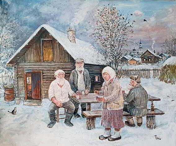 Баранов Леонид "Из какой руки? Сосед яблоки принес" 
60х50 хм 2023 г Баранов Леонид "Отогреть свиристеля.-2