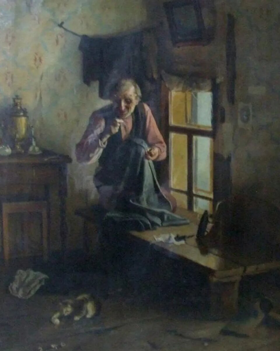 Александр Киселев. Портной и кошечка (фрагмент). 1890-е. Раменский историко-художественный музей, село Раменское, Московская область
