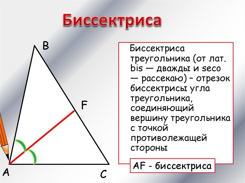 Любая биссектриса треугольника делит его пополам. Как выглядит биссектриса треугольника. Биссектриса треугольникк. Биссектрисамтреугольника это. Треугольник смбиссектрисой.