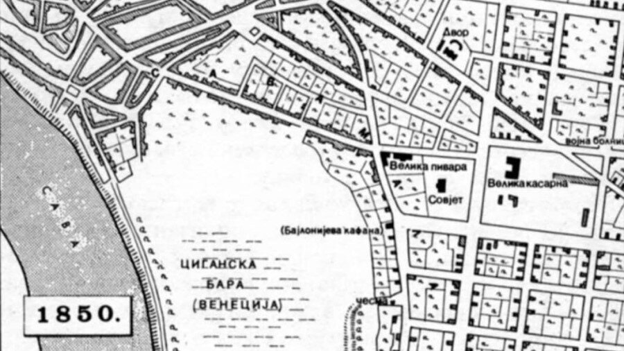 Карта центра Белграда 1850 года с указанием Большой пивоварни