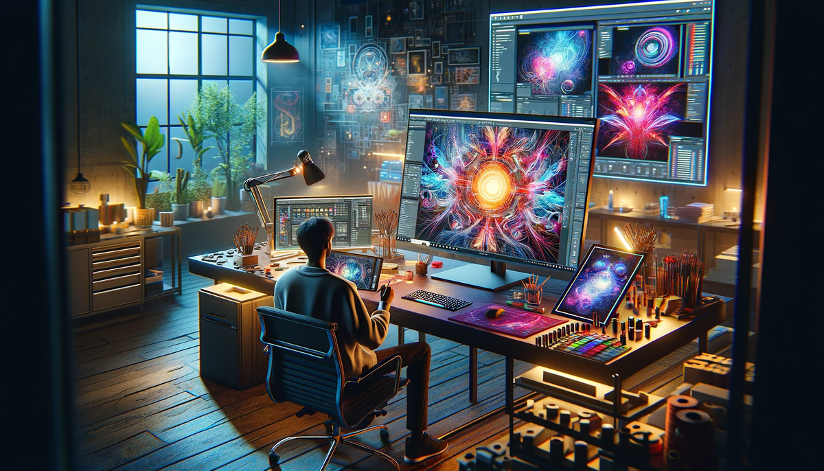 Художник в современном рабочем пространстве цифрового искусства, сосредоточенного на создании уникального NFT, в окружении инструментов цифрового искусства и отсылок к тенденциям и рынкам NFT.




