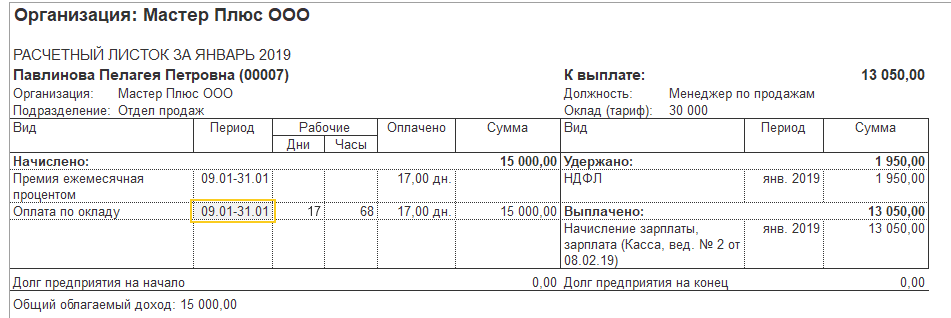 Расчётный листок сотрудника за январь 2019