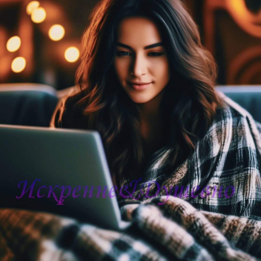 Девушка работает за ноутбуком, сидя на диване и укрывшись пледом. Картинка автора, сгенерировано нейросетью 