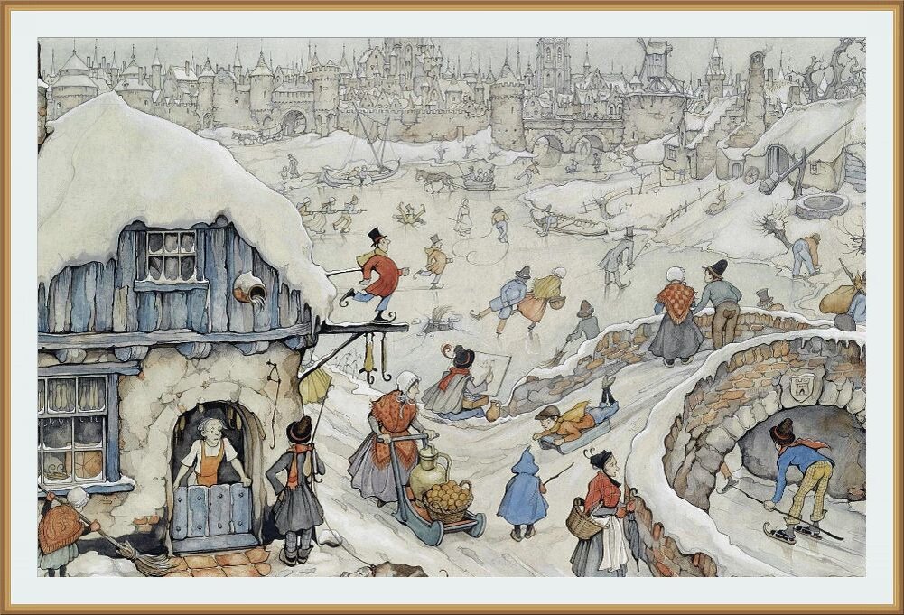 Картина Антона Пика / Anton Pieck (Голландия 1895-1987). Зимние забавы на льду, акварель