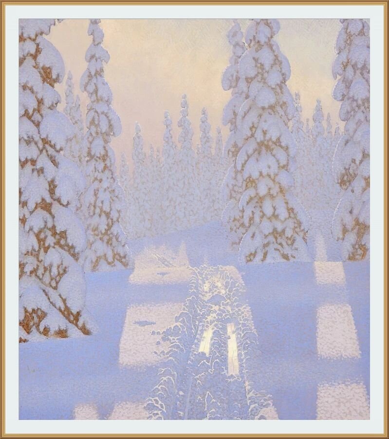 Картина Густава Фьестада / Gustaf Fjaestad ( Швеция, 1868-1948). Лыжные трассы в большом лесу, около 1939 года