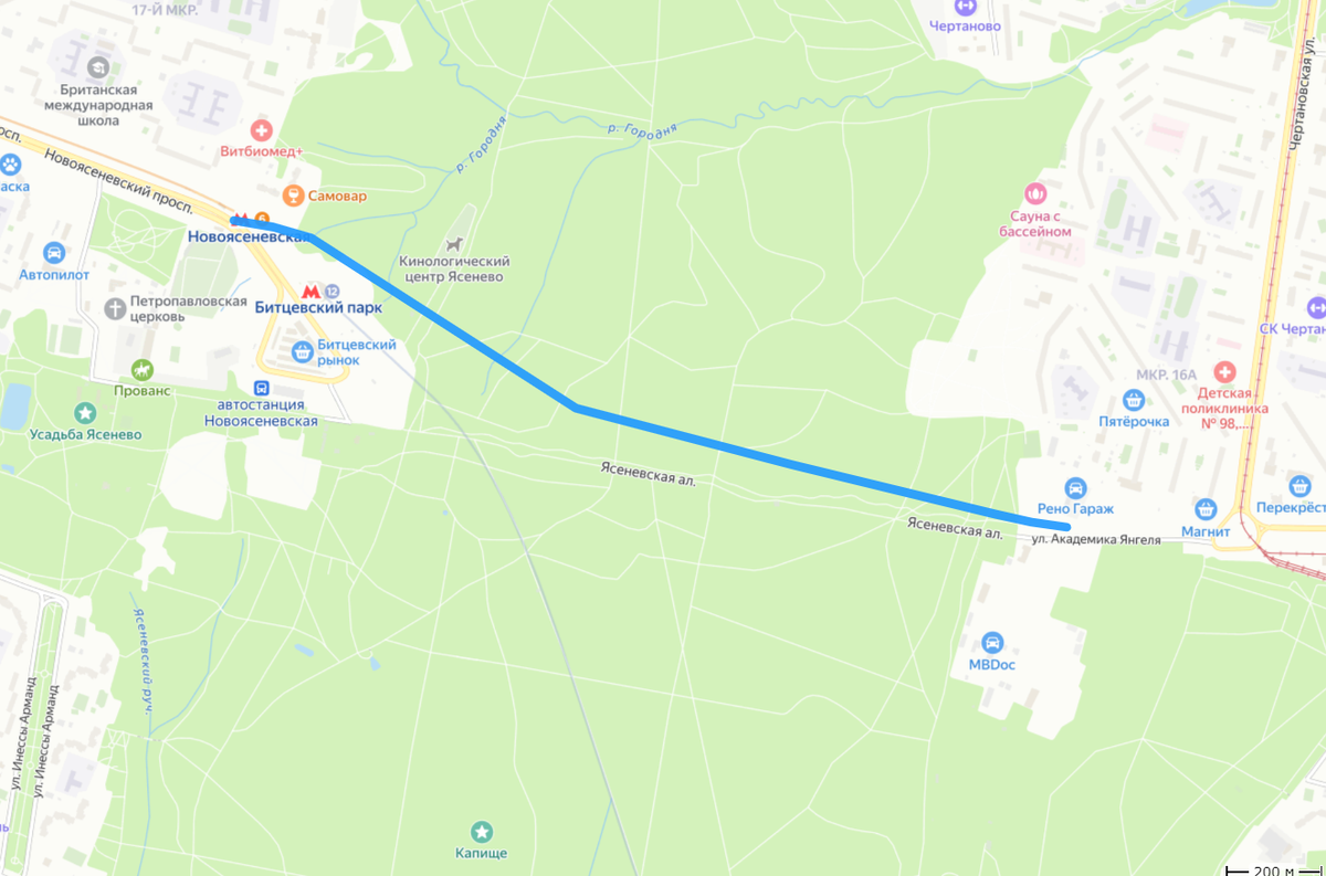 Приблизительное местоположение тоннеля "Новоясеневский проспект – улица Академика Янгеля" на карте.