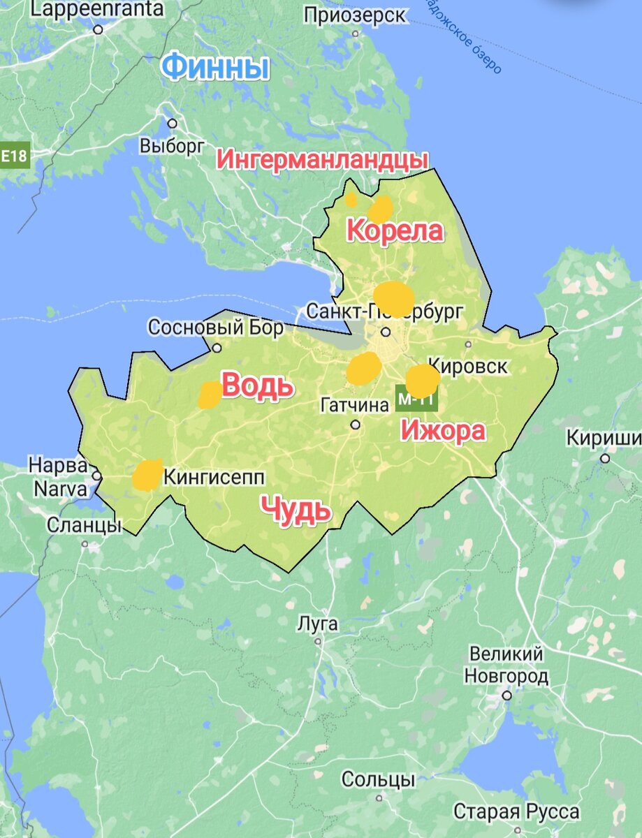 Жёлтые пятна - места более плотного заселения. Эти 5 народов в основном и заселяли эти земли. 