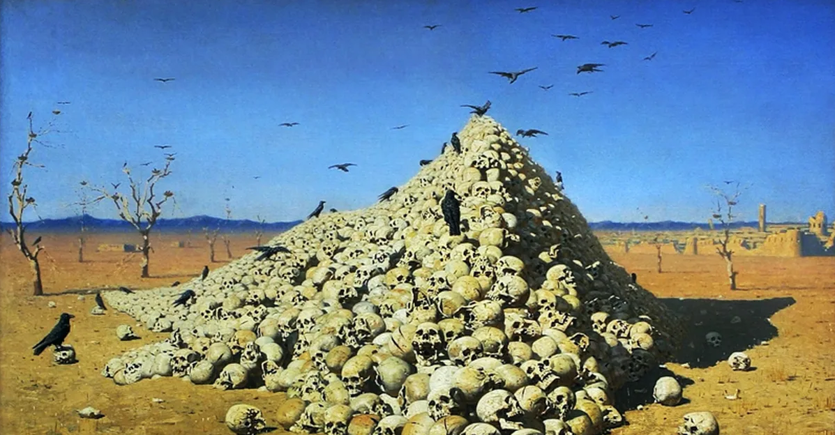 В. В. Верещагин «Апофеоз войны»:«Посвящается всем великим завоевателям, прошедшим, настоящим и будущим».