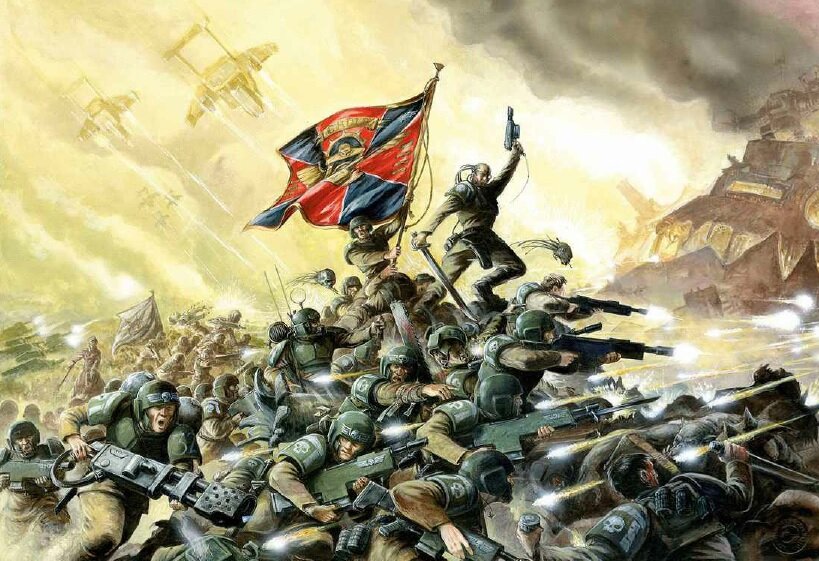 Обширные ряды Имперской Гвардии ведут сражение против орков, ключевых врагов Империума Человечества.