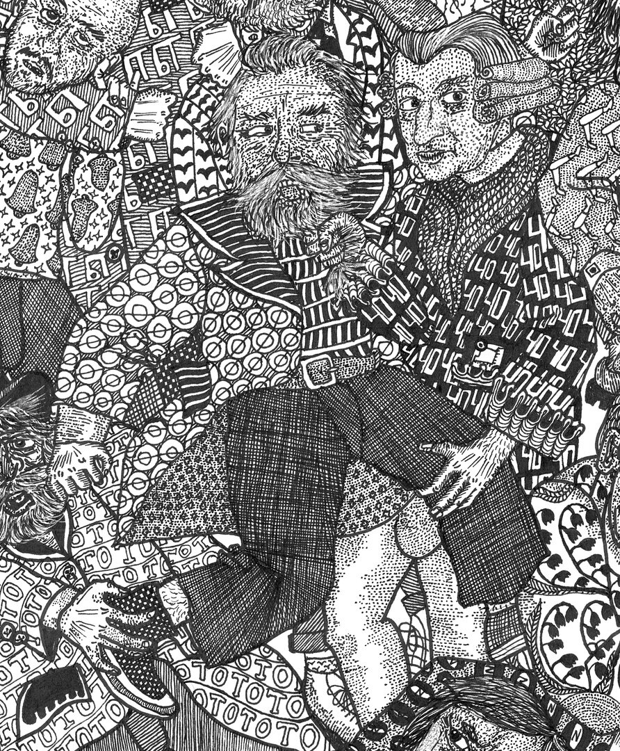 Создать карусельБрамс, в схватке с Моцартом. На пиджаке его узор «No opera», поскольку он принципиально опер не писал