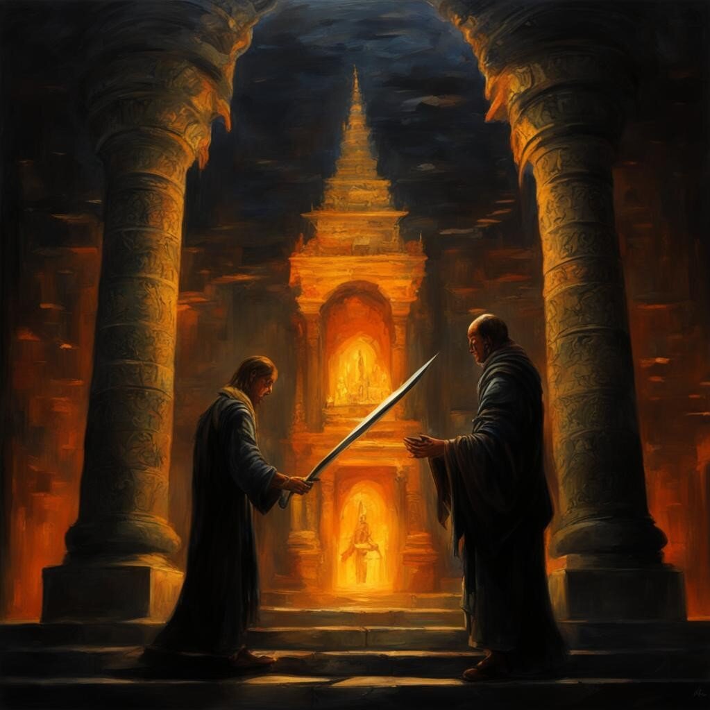 Переговоры прерваны появившимся предметом, похожим на пику. Холст. масло. Пика. Картинка создана нейросетью.