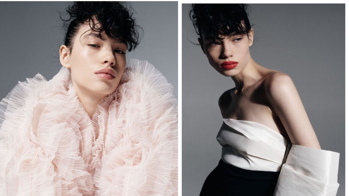 Сравните для начала два новогодних образа на одной модели. Присмотритесь, как грубовато смотрится внешность девушки на фоне нежно-розовой ткани и как раскрывается характер в более смелом наряде..