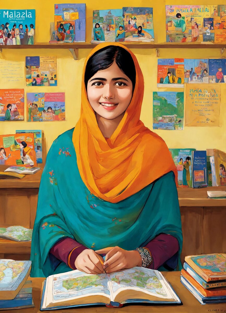 Малала Юсуфзай читает книгу в яркой библиотеке 