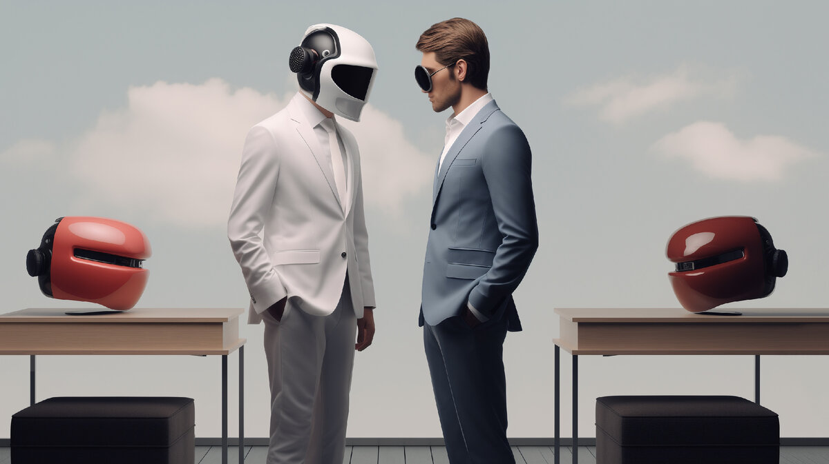 Двое мужчин в деловых костюмах пристально смотрят друг на друга в магазине со шлемами виртуальной реальности.