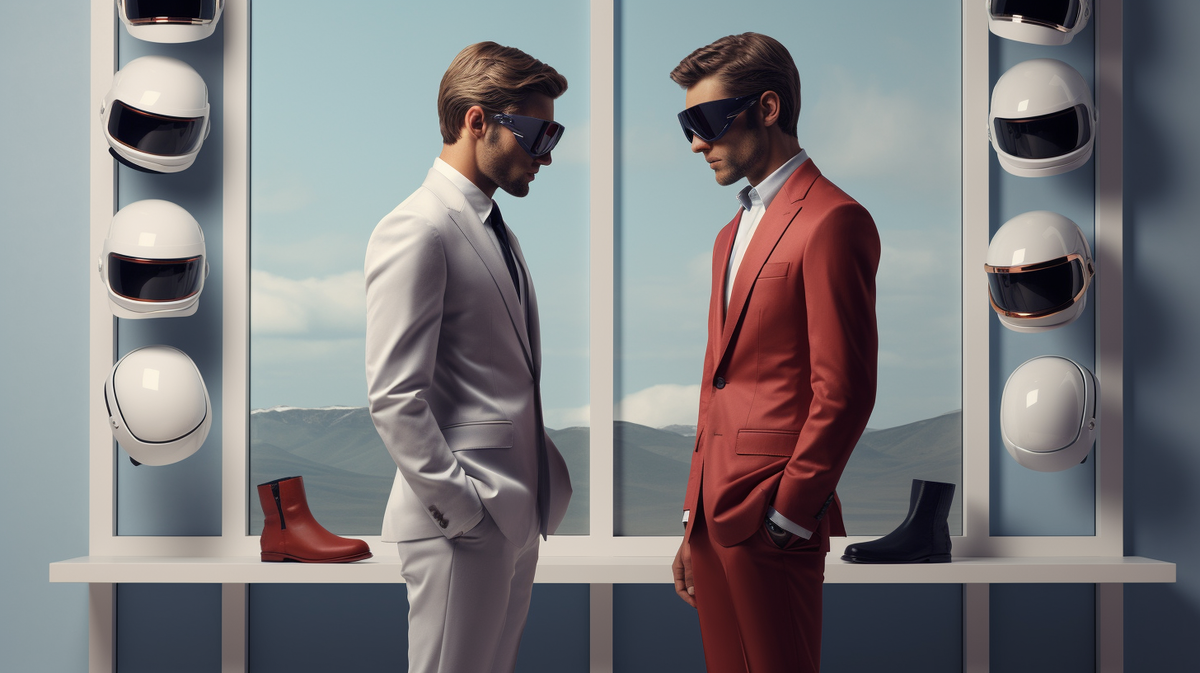 Двое мужчин в деловых костюмах оценивающе смотрят друг на друга в магазине со шлемами виртуальной реальности и стиля.