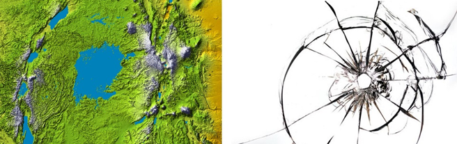 Высоты рельефа озера Виктория и пулевое отверстие в стекле.