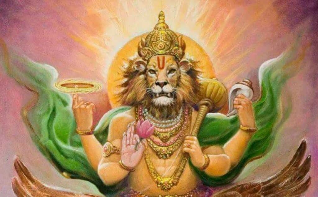 Господь Нарасимха (одна из форм Вишну) держит Шанкху. Фото: vedicfeed.com