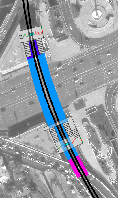 Схема станции Кутузовская. Голубым помечены существующие платформы, розовым - часть платформы, которые необходимо построить. Сливовым цветом помечены платформы, которые нужно занизить. Черным отмечены железнодорожные пути метро Филевской линии. 