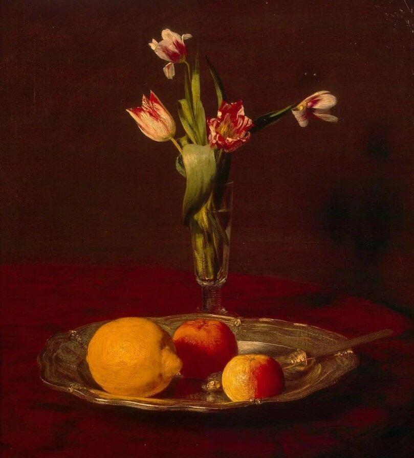 Лимон, яблоки и тюльпаны  1865г, 47.7×39 см