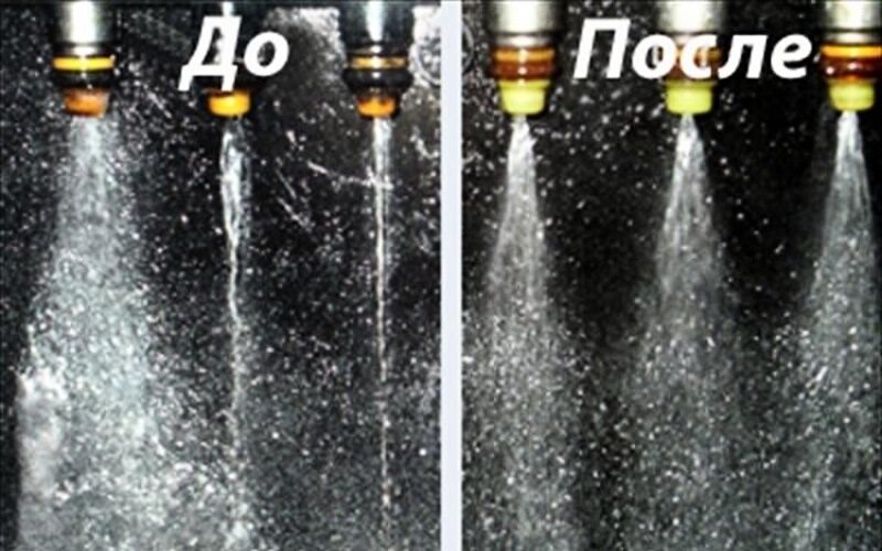 грязные форсунки с кривым распылом и чистые с равномерным распылом