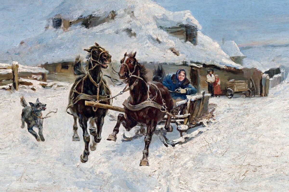 Фрагмент картины «Поездка на санях», Альфред Веруш-Ковальский, XVIII век.