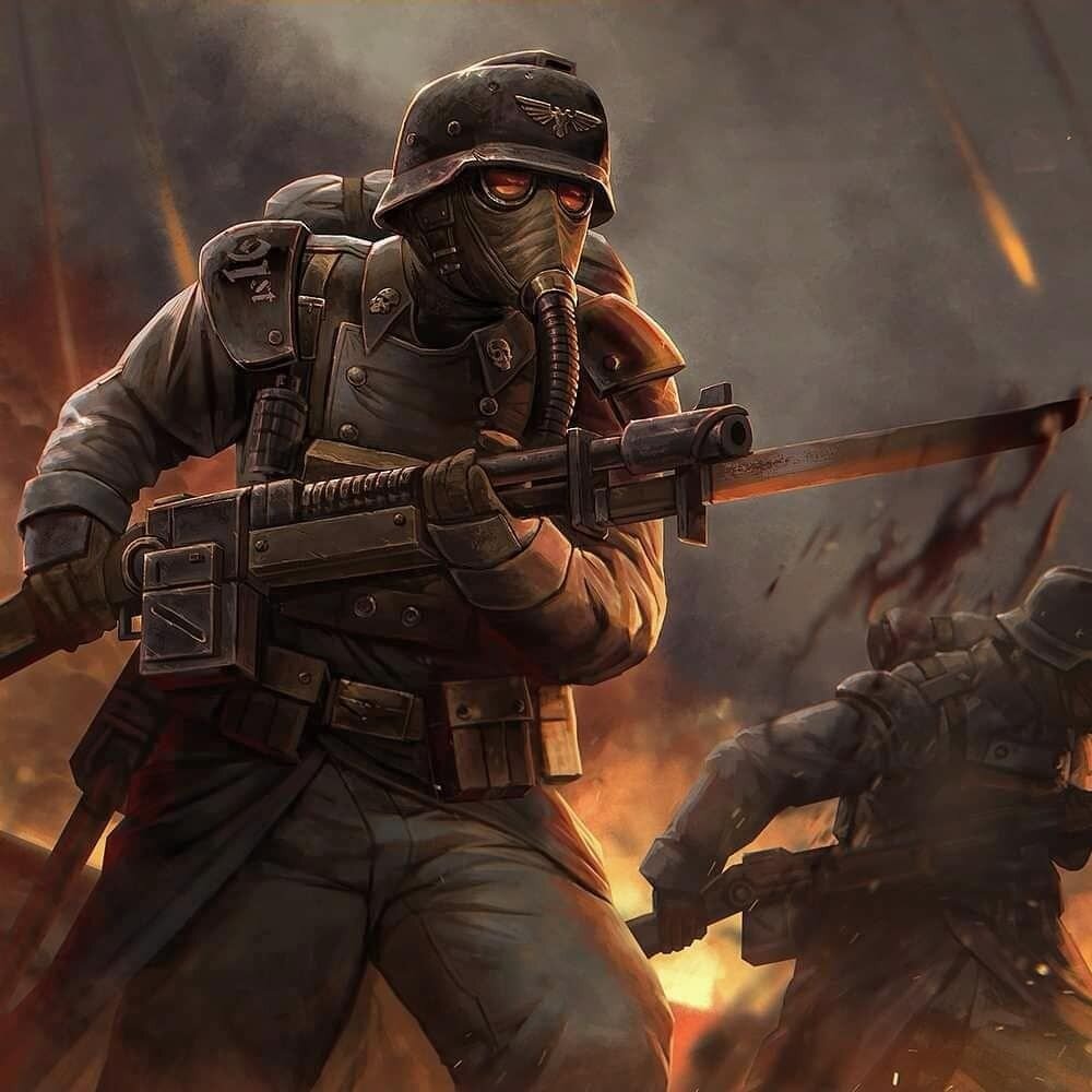 Гвардеец из Корпуса Смерти Крига идёт в штыковую атаку на позиции врага.