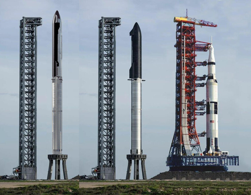 Примерные размеры ракеты Starship V2 по сравнению с Starship V1 и ракетой Saturn V