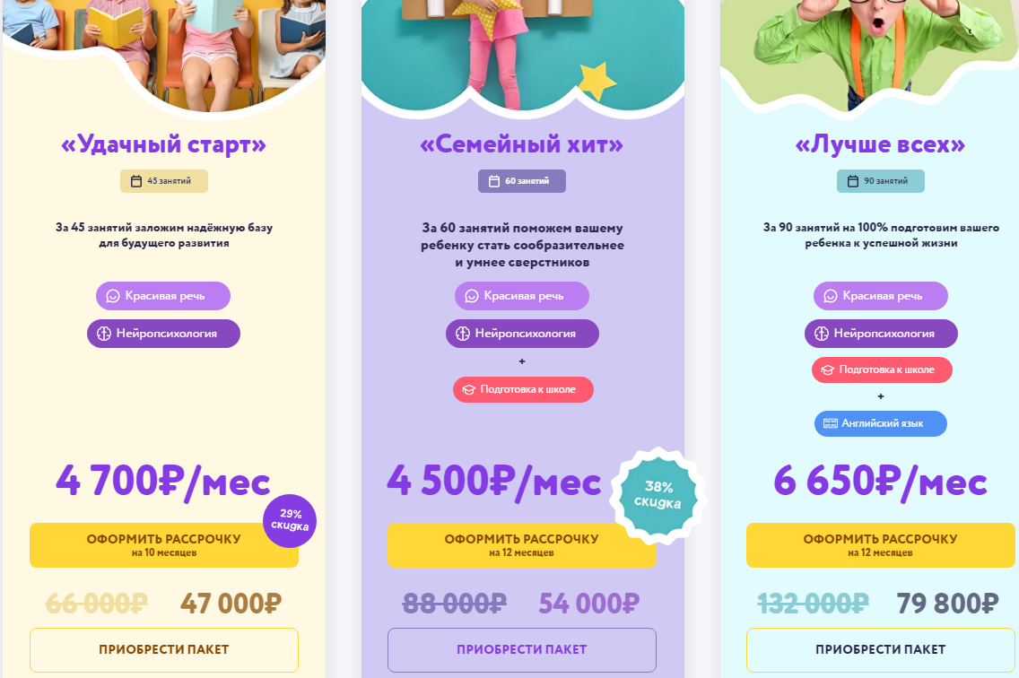 Это пакеты услуг, что входит, сколько занятий и какая их стоимость. Можно оформить рассрочку Банка либо рассрочку онлайн-школы