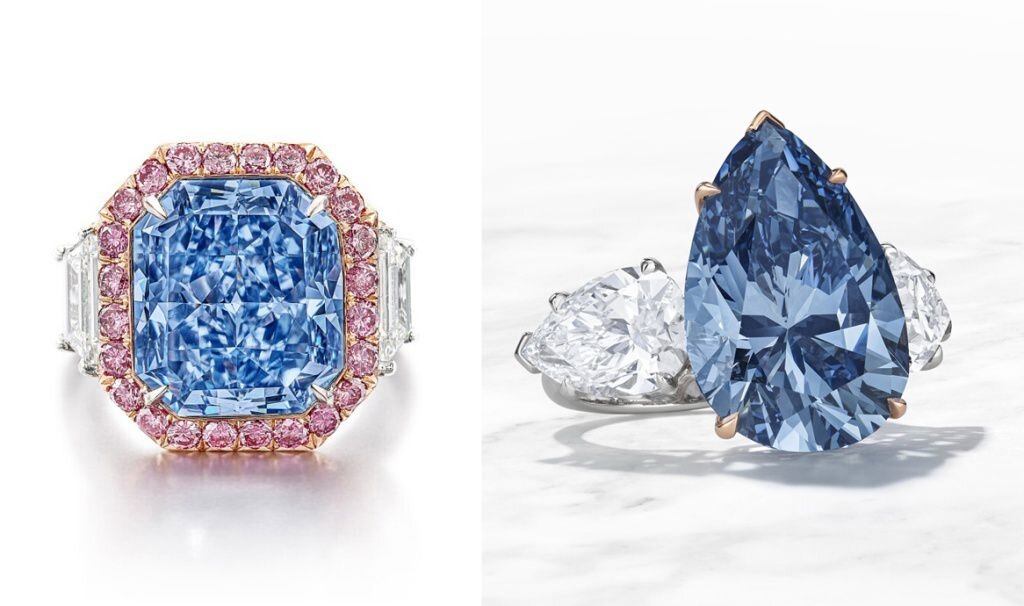 Кольцо с бриллиантом Infinite Blue весом 11,28 карат стоимостью 25,3 млн. долларов и кольцо с бриллиантом Bleu Royal весом 17,61 карат стоимостью 44 млн. долларов (1 фото)