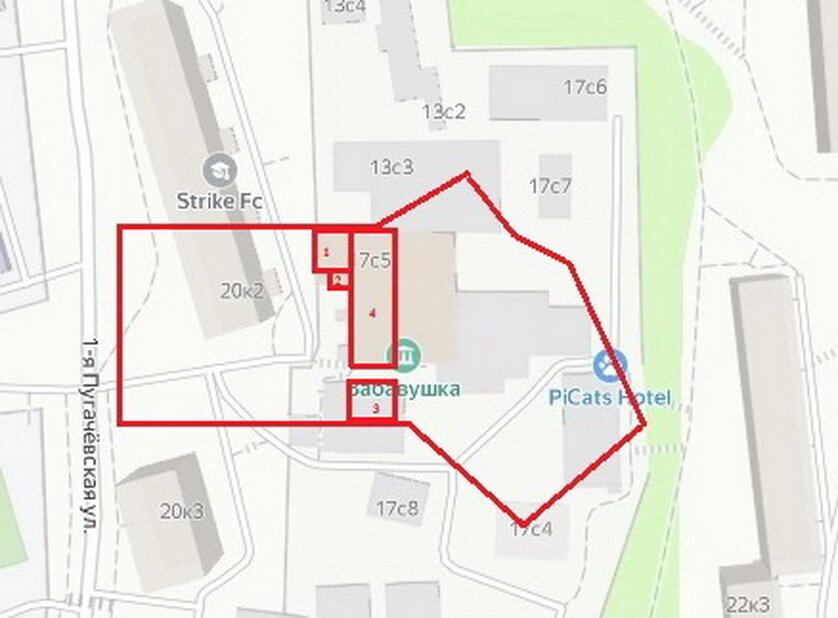 Примерные границы владения купца Николаева на современной карте с обозначением сохранившихся до наших дней каменных бывших фабричных построек, обозначенных на плане 1885 года