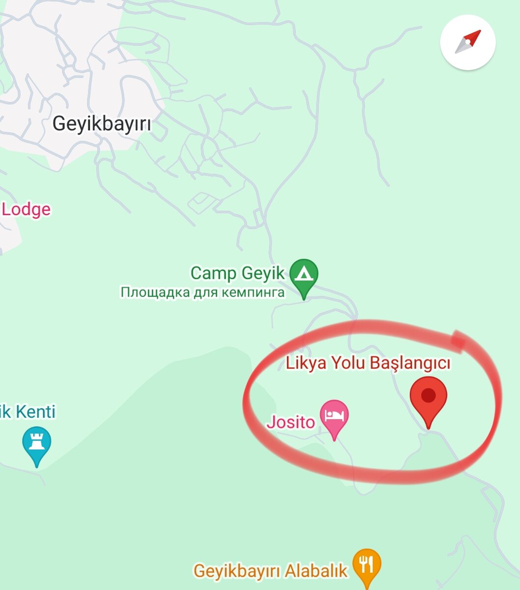 Начало тропы в Google Maps. "Likya Yolu Baslangici" - начало Ликийской тропы.