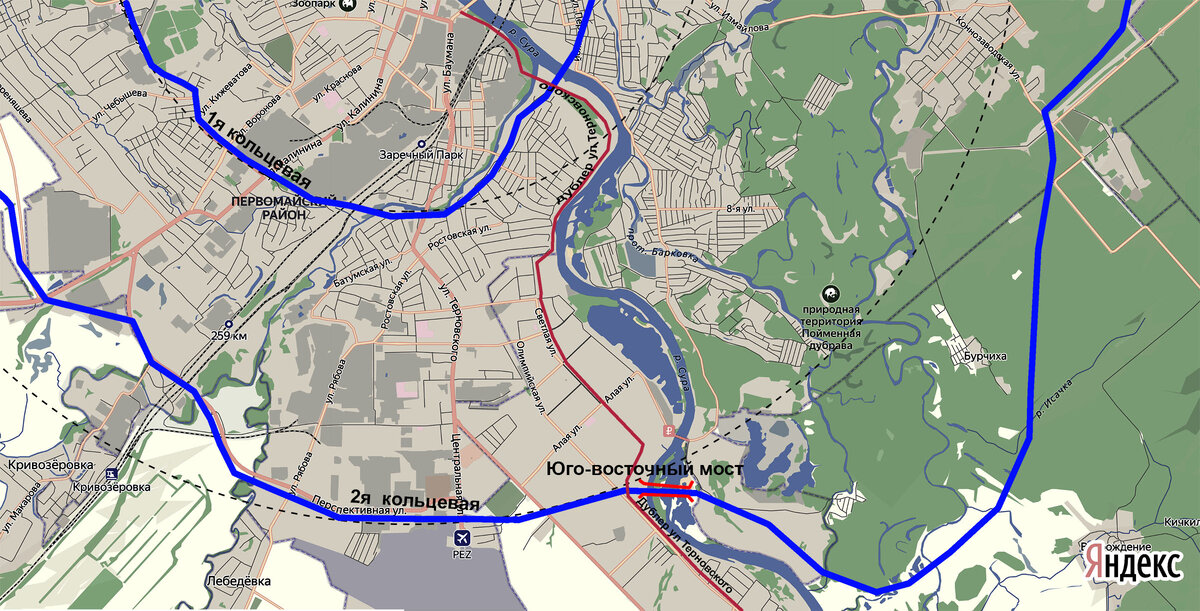  Юго-восточный мост. Дорога–дублер ул Терновского через г.Спутник и вторая кольцевая автодорога г.Пенза