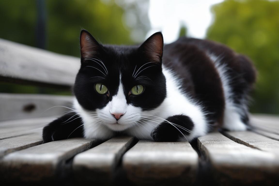 Черно-белый кот на лавочке. Нейросеть Kandinsky 3.0.