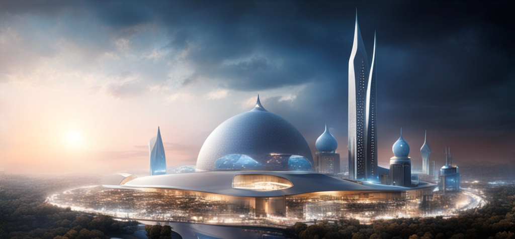 Футуристический Исламский город, согласно AI, если бы мусульмане следовали бы предписаниям Корана. 