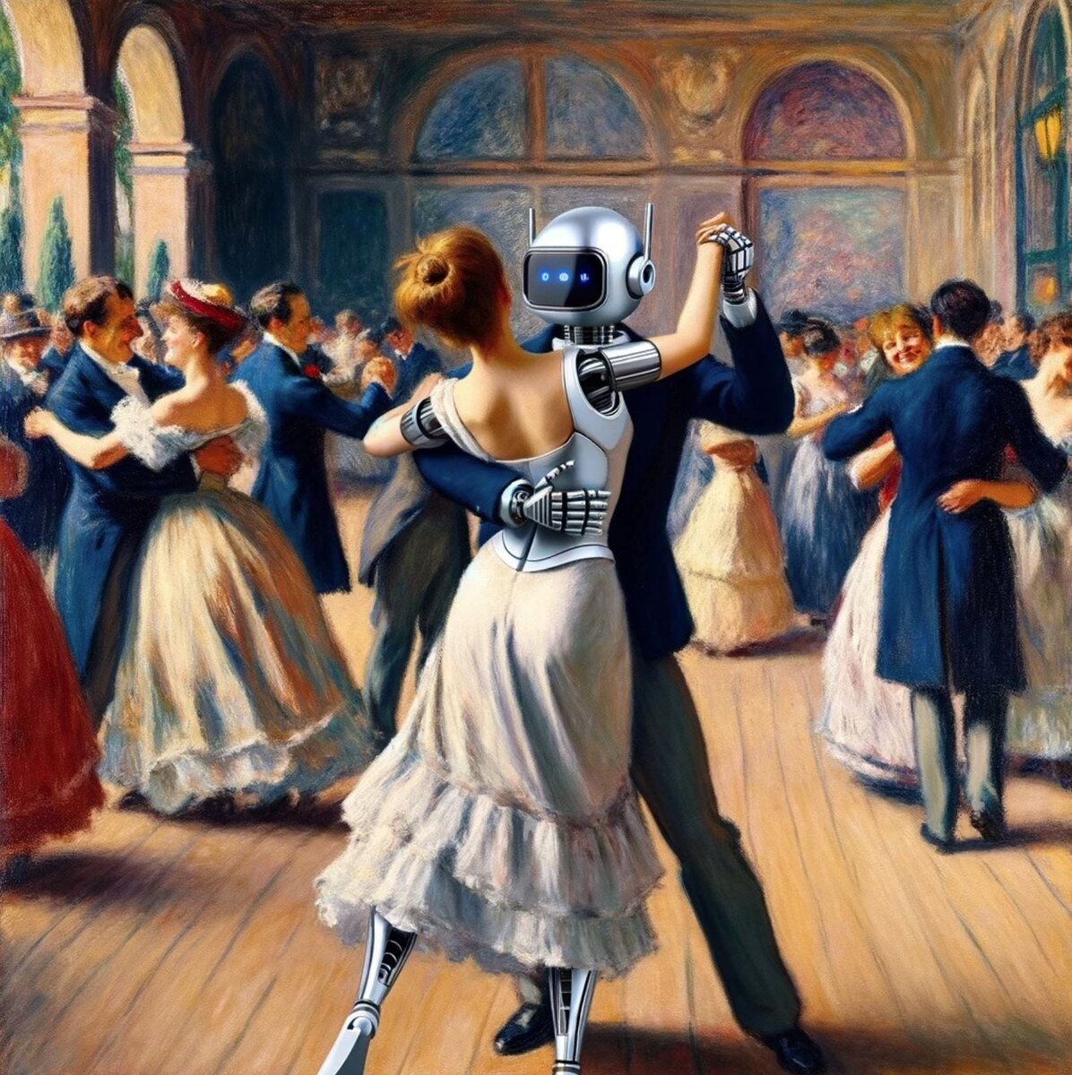 Картина GPT-4 по мотивам работы Пьера Огюста Ренуара “Танец в Буживале”. Действие происходит в гибридном обществе людей и андроидов.